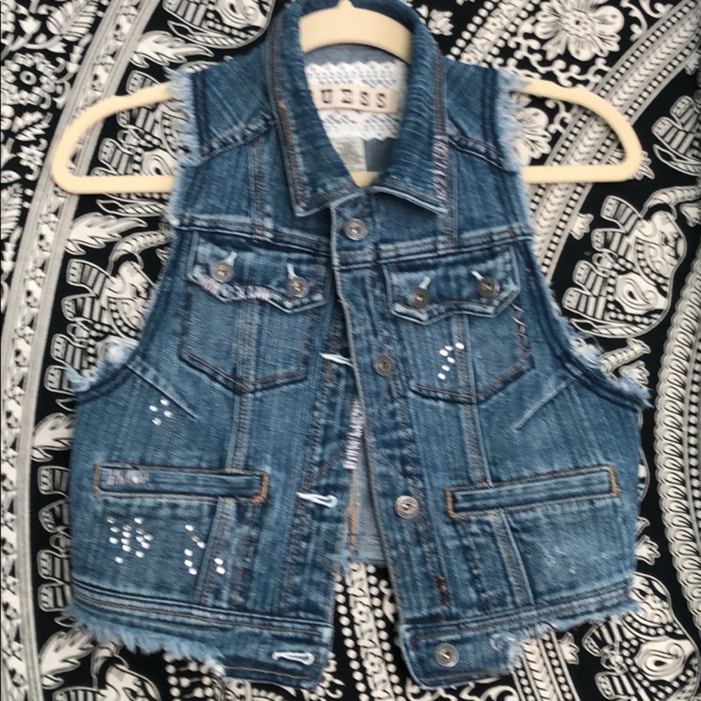 GUESS GIRLS DENIM RHINESTONE DISTRESSED VEST